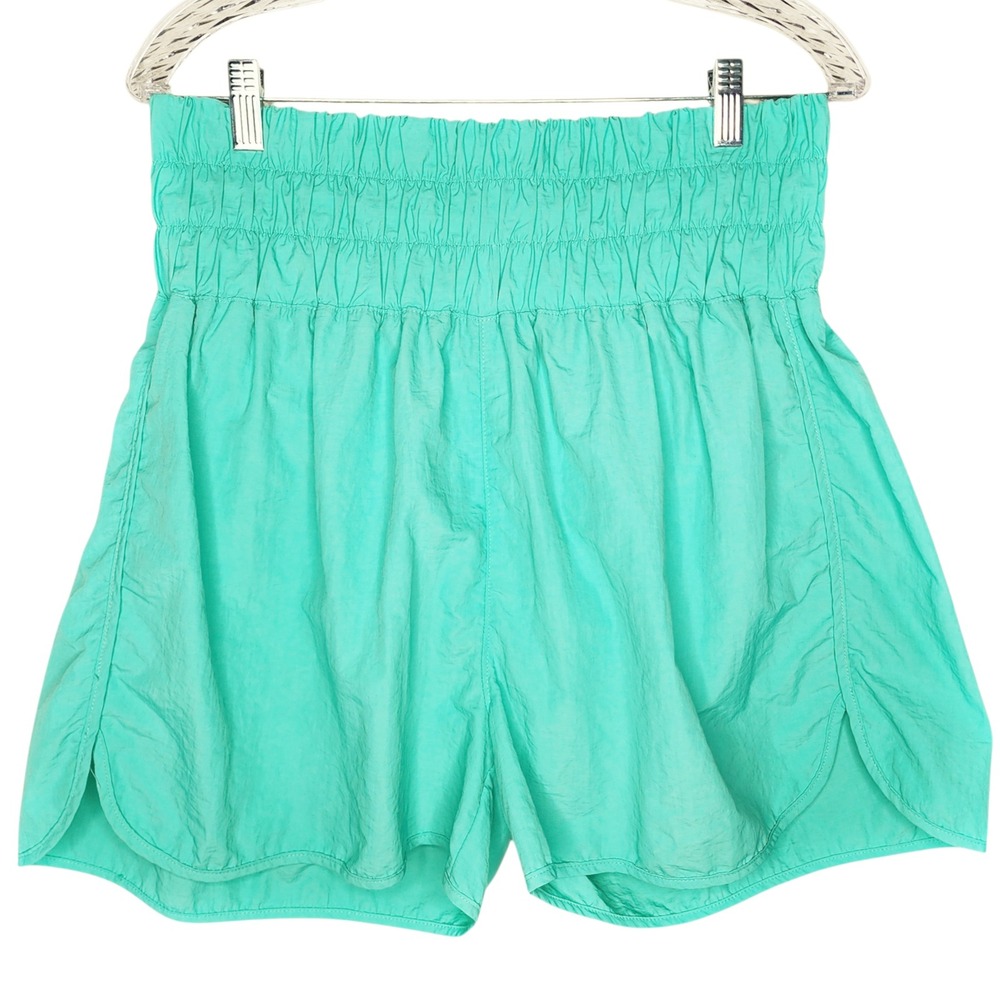Zenana Women Plus 1X Teal‎ Green Smocked High Waist Athletic Shorts